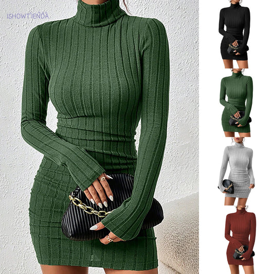 Ribbed Turtleneck Knit Mini Dress | Solid High-Stretch Long Sleeve Bodycon | Elegant Thermal Club Sheath Dress Luxegan