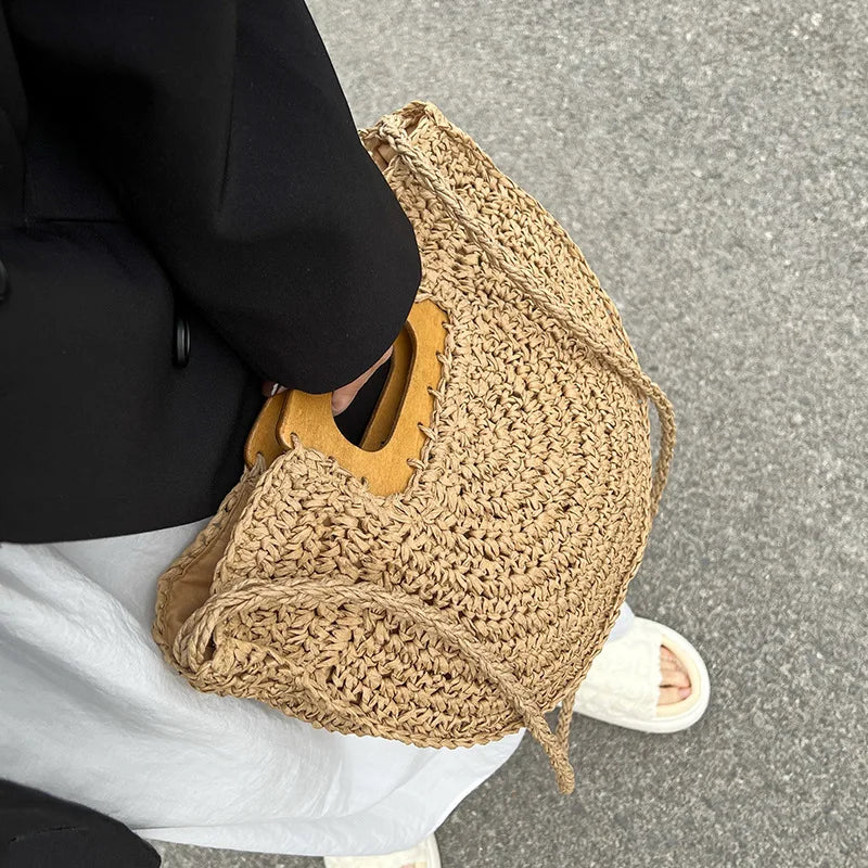 Minimalist Bohemian Half-Moon Straw Tote | Soft Rattan Beach Handbag Luxegan