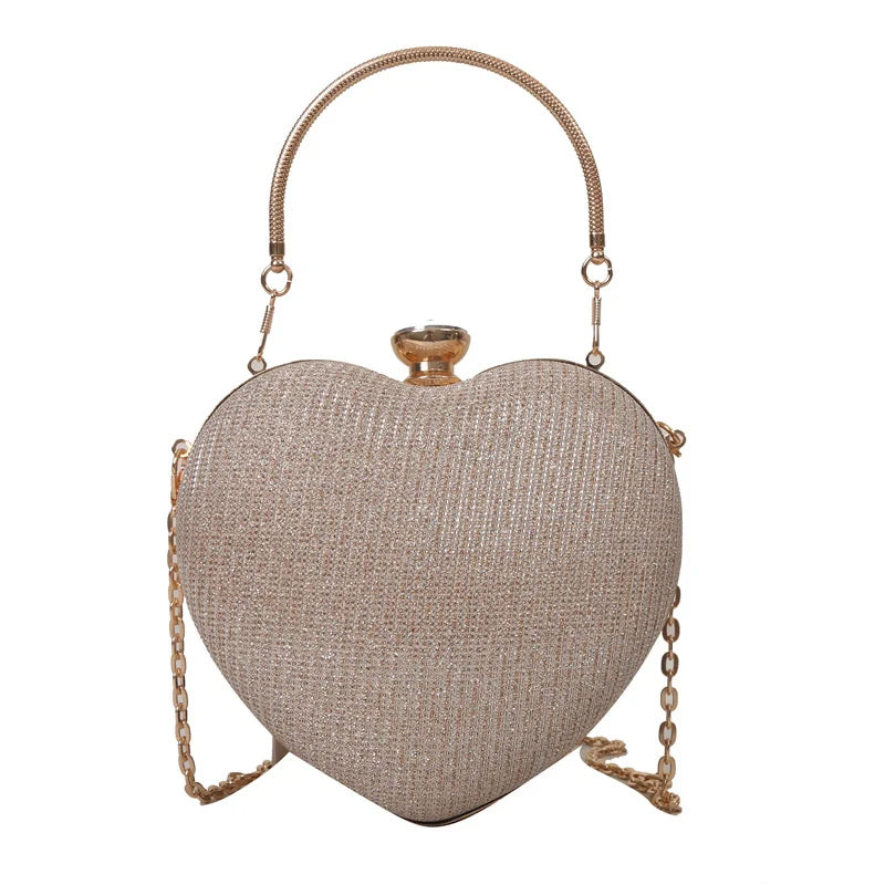 Shiny Heart Shape Metal Evening Clutch Bag for Women | Fashion Chain Shoulder Crossbody Bag (Luxury Lady Purse) Luxegan