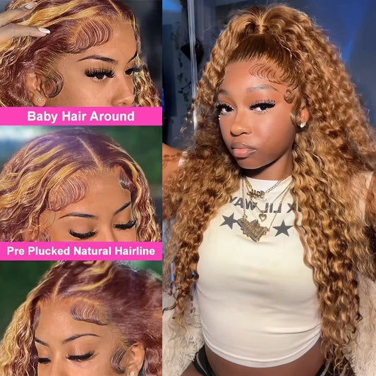 Honey Blonde Highlight Water Wave Wig | Sophisticated 13x6 & 13x4 HD Transparent Lace | Elegant "Brazilian Remy" 26+ Inch Length | "Dignified" Pre-Plucked Deep Wave Human Hair for Radiant Versatile Styling Luxegan