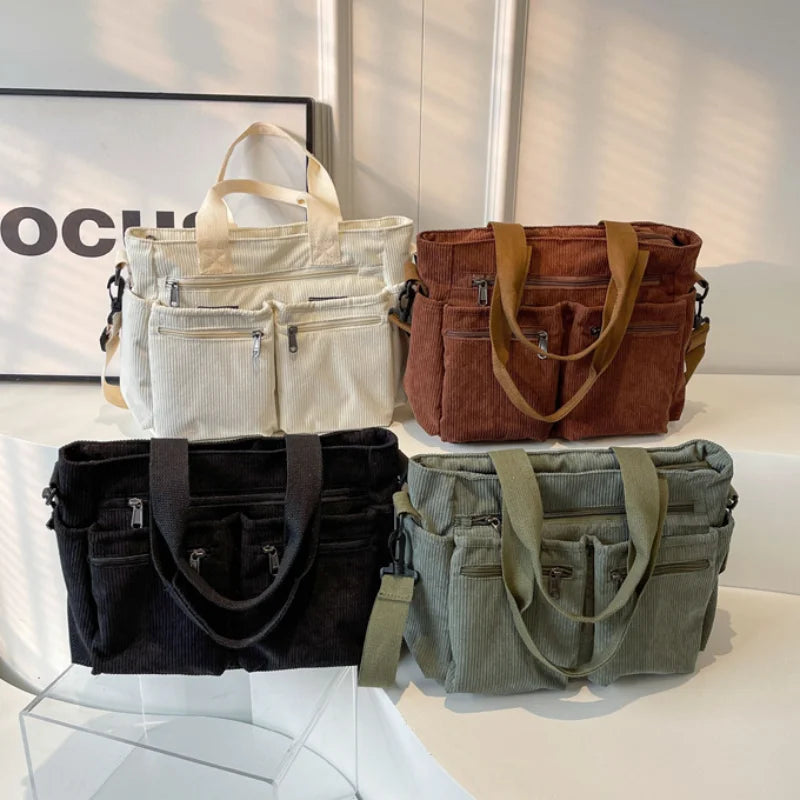 Female Large Capacity Corduroy Tote Bag | New Korean Style Fashion Women's Shoulder Crossbody Bag (Worker Commuter Handlebag)
