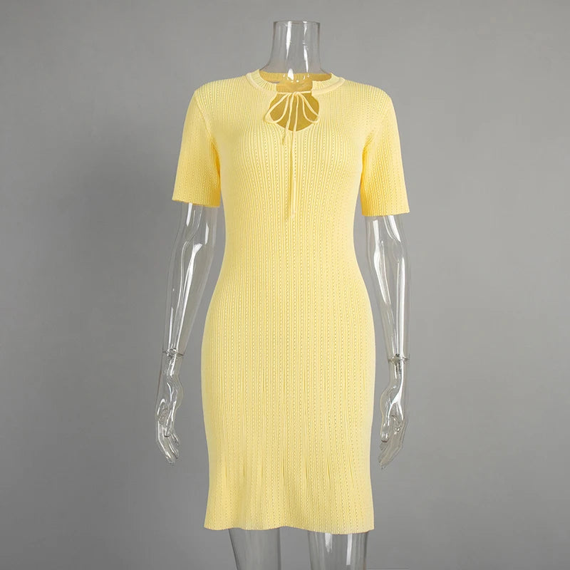 Solid Stand Collar Short Sleeve Slim Fit A-Line Knit Dress – Natural Waist, Summer | Short & Long