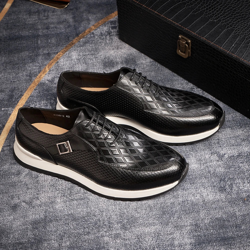 Classic Metal Buckle Men's Sneakers | Sophisticated First Layer Cowhide Casual Footwear | Elegant "T-Tied" Silhouette | "Dignified" Height-Increasing Leather Shoes for Radiant Versatile Office & Party Styling Luxegan