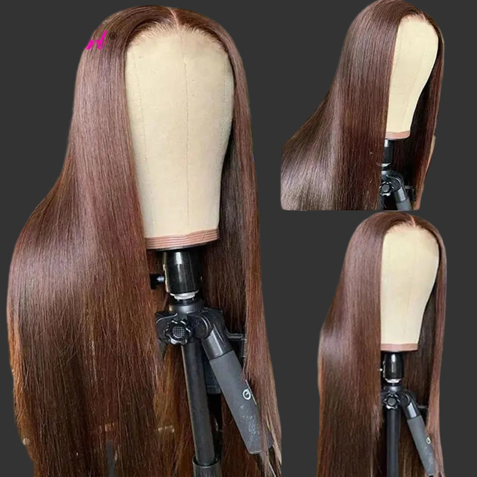 #4 Chestnut Brown Straight Lace Front Wig | 13x4 & 13x6 Transparent Swiss Lace Frontal Wig | 150% & 180% Density 100% Brazilian Remy Human Hair Long Closure Wig for Women (26+ Inch) Luxegan