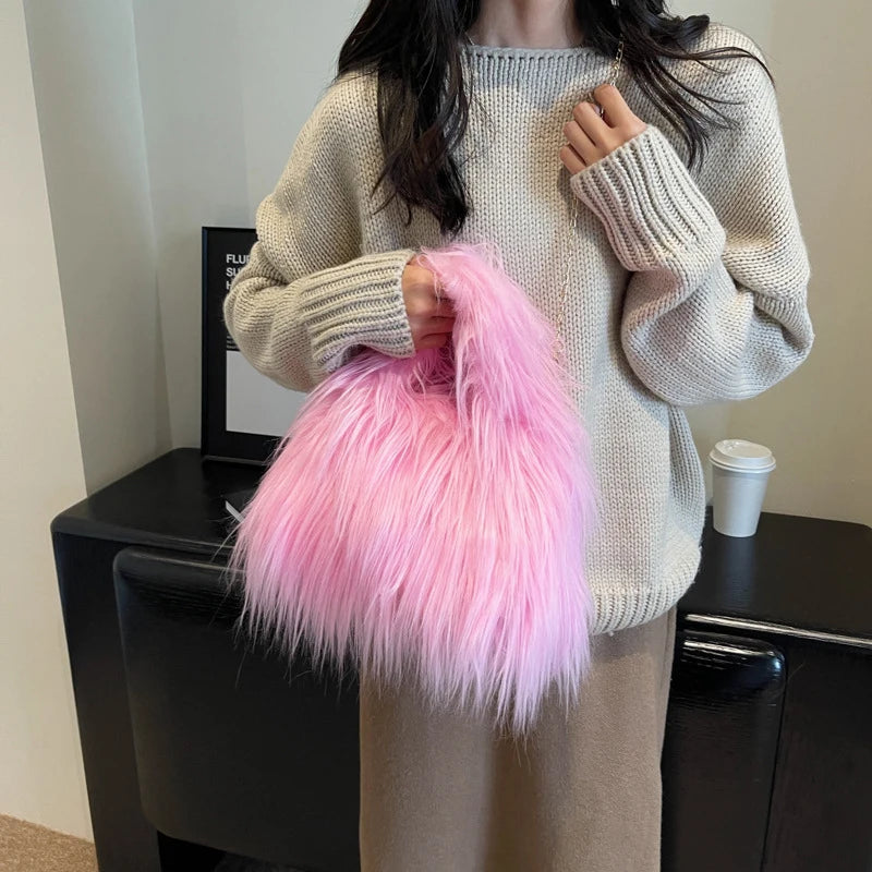 Soft Plush Faux Fur Handbag | Winter Chain Crossbody & Clutch Luxegan