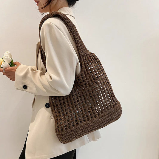 Vintage Hollow Design Woven Shoulder Bag | Large Capacity Knitting Tote & Summer Beach Bag Luxegan