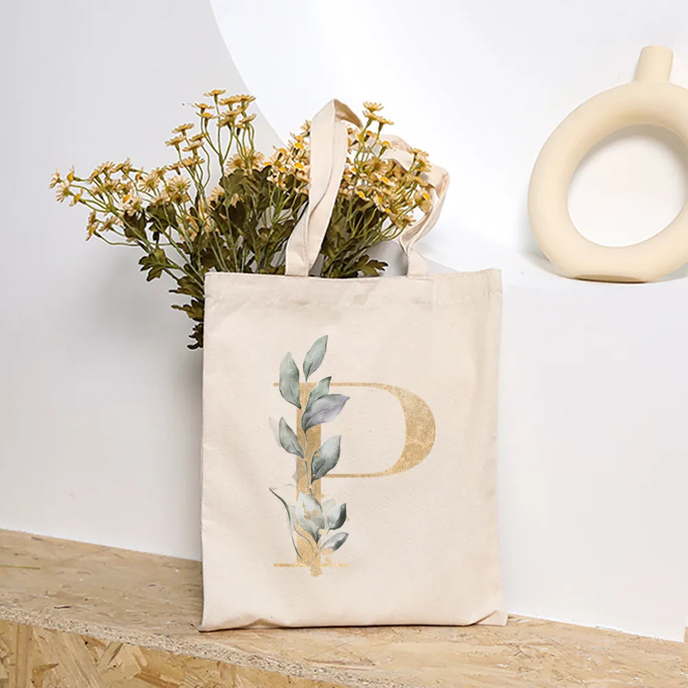 Leaves Plant Initial Print Canvas Tote Bag | Reusable Summer Beach & Shopping Handbag with Hasp Closure Luxegan