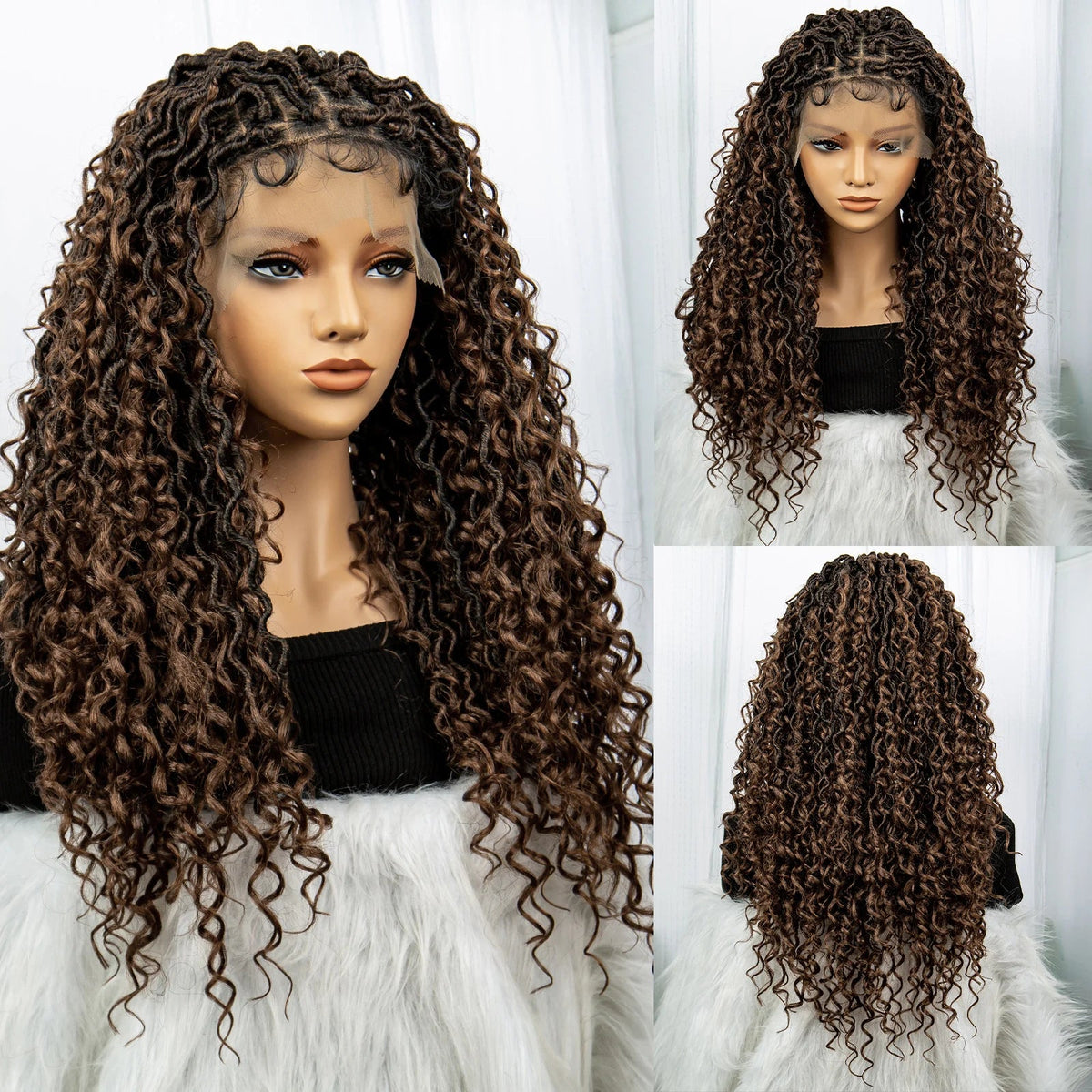 Faux Locs Braided Wigs Synthetic Dreadlock Braided Wigs With Curly Ends 26inch Lace Front Knotless Box Braids Wig with Baby Hair Luxegan