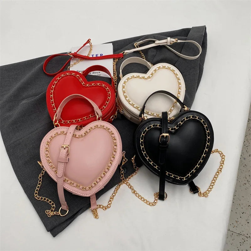 Women’s Red Love Heart-Shaped Shoulder Bag | Fashion Heart Crossbody Bag with Embroidery | Elegant Ladies' Chain Purse & Heart Clutch | Romantic PU Leather Flap Bag Luxegan