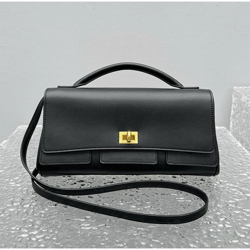 Genuine Leather Solid Satchel | Soft Black Lock Design Shoulder Crossbody Bag Luxegan