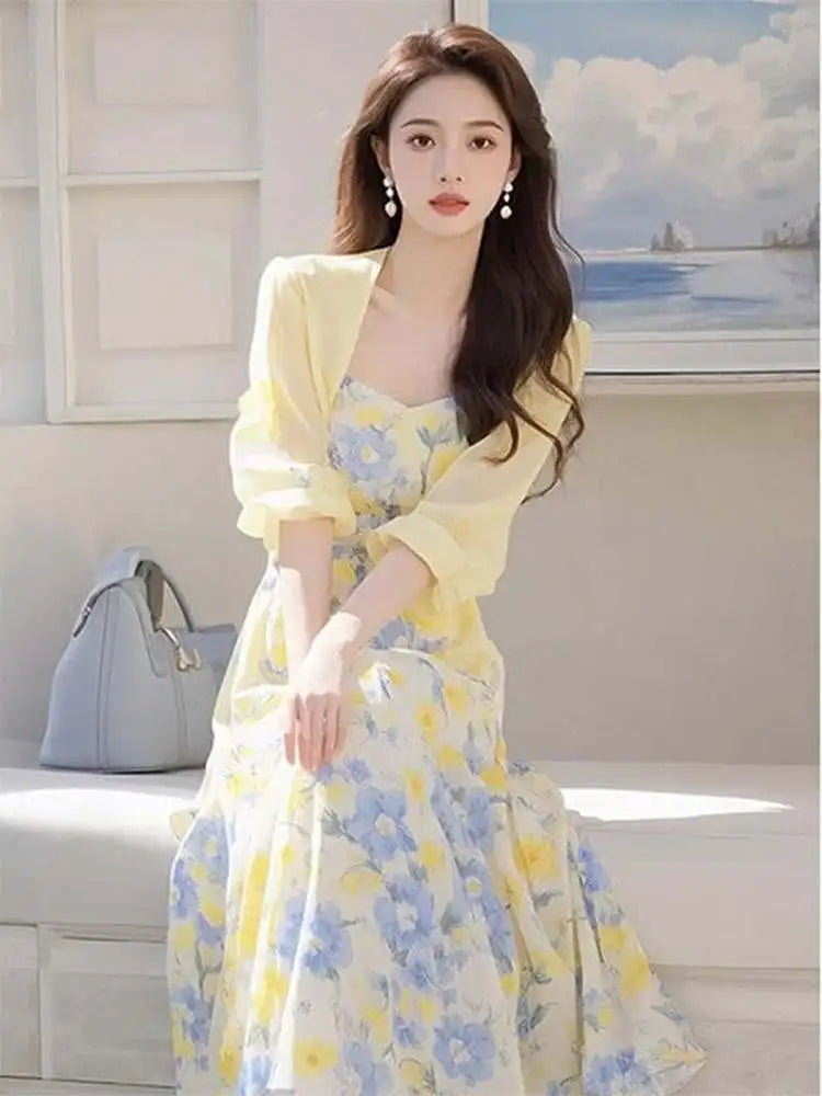 Summer Large Size Women's Faionable Sun Protection Open Cardigan Top Waist Cinching Floral Dr Gentle Wind Two-Piece Set