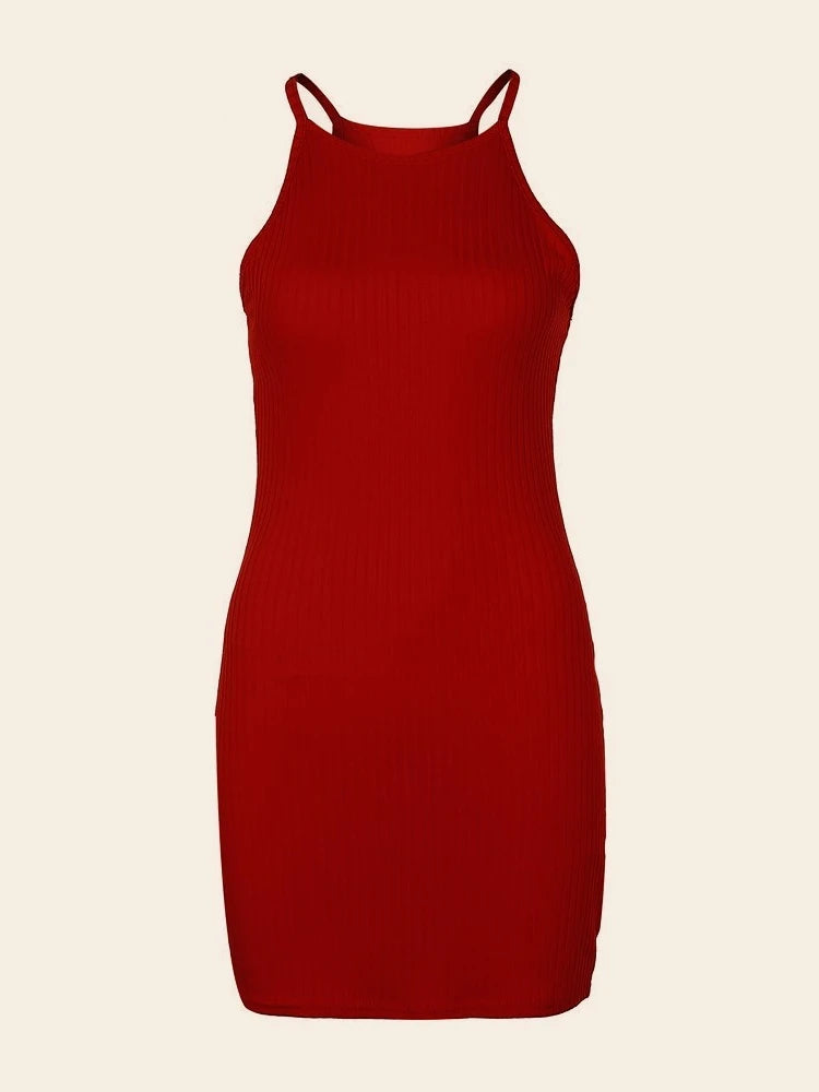 Halter Neck Ribbed Backless Bodycon Mini Dress | Sleeveless Skinny Sexy Club Party Dress Luxegan