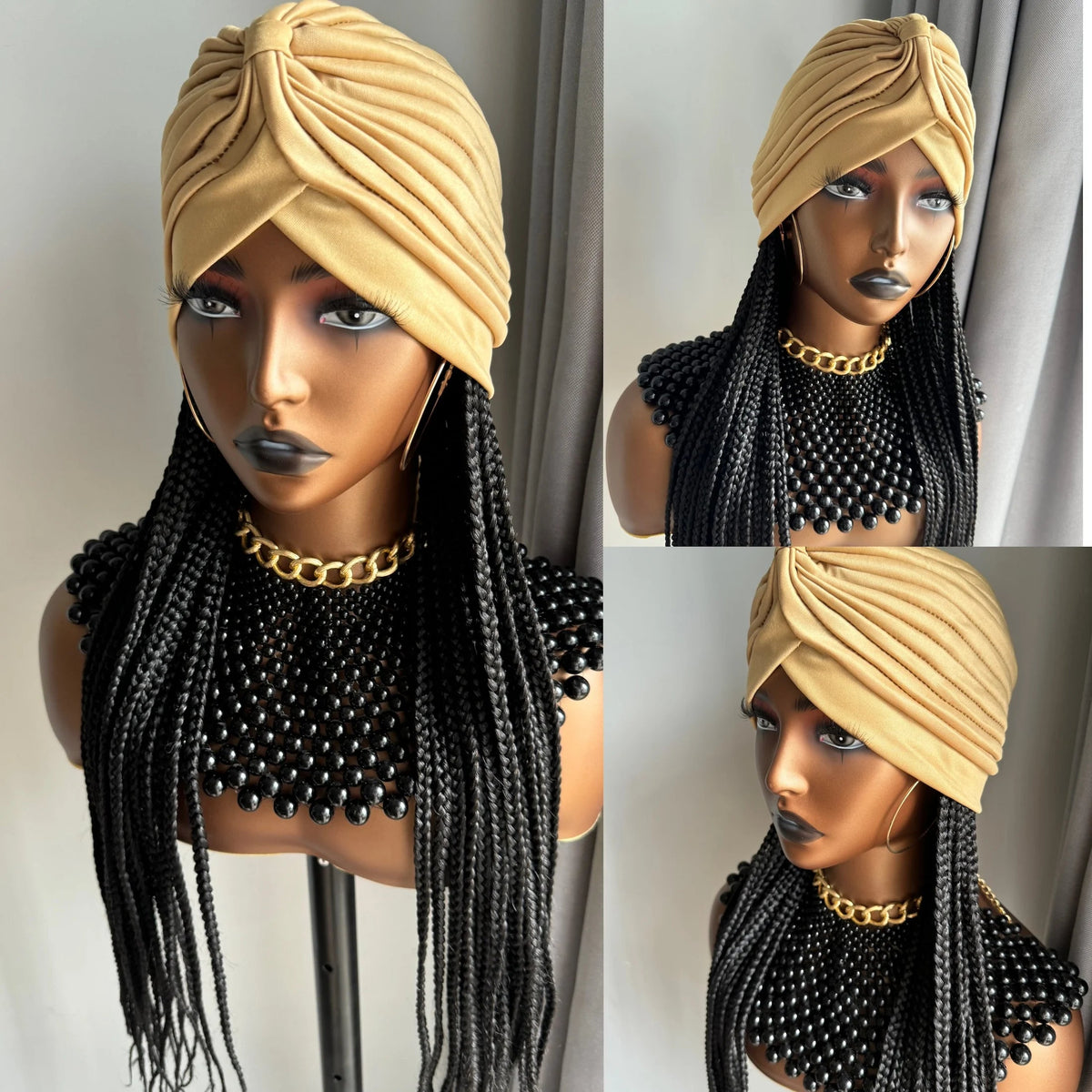WIGERA Long 24“ Black Box Braided Synthetic Wig With Headband Turban Hat Box Braiding Hair Extensions Head Scarf  Wigs For Women Luxegan