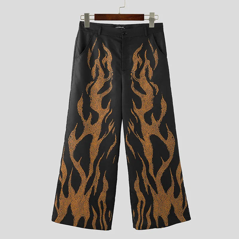 Printed Graffiti Design Trousers | Sophisticated Mid-Waist Wide-Leg Silhouette | Elegant "Full-Length" City Walk Pantalons | "Dignified" Patchwork Leisure Bottoms for Radiant Versatile Styling Luxegan