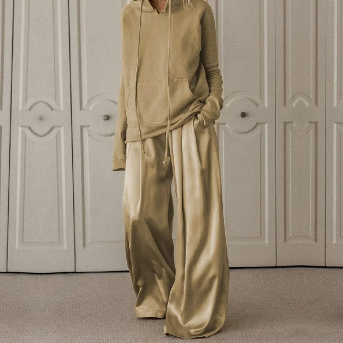 High Waist Wide Leg Pants & Hooded Sweatshirt Set | Sophisticated Loose Fit Casual Two-Piece | Elegant "Full Length" Urban Ensemble | "Dignified" Cotton-Polyester Blend for Radiant Versatile Styling