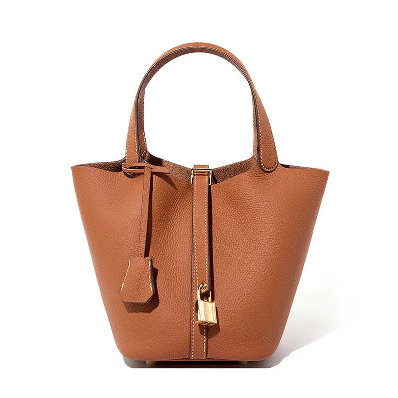 Stylish Bucket Shopping Tote Bag for Women | Soft PU Litchi Pattern Handbag with Lock & Small Horse Scarf (Classic, Versatile) Luxegan