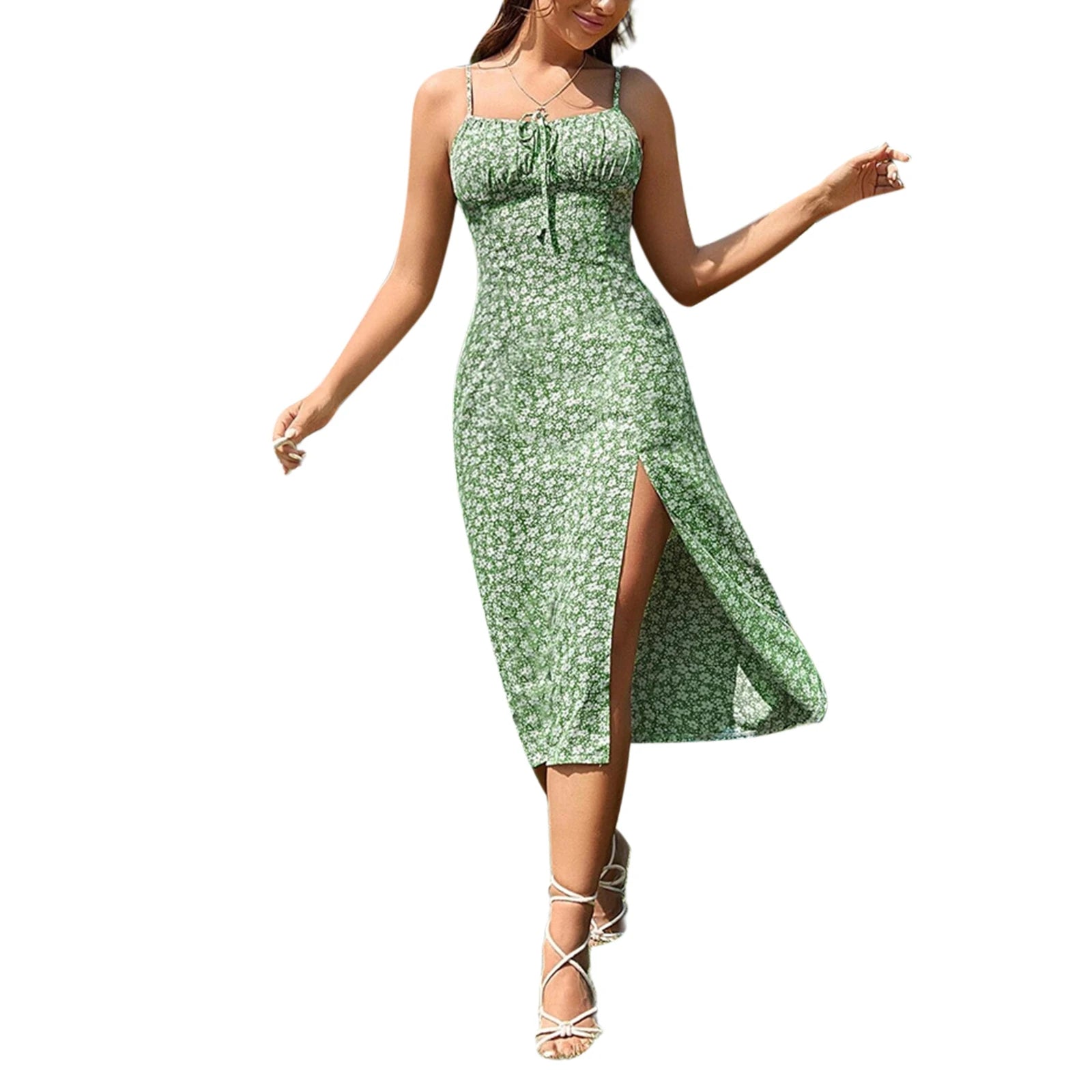 Women's Summer Trend Floral Dress | Elegant Flower Print Spaghetti Strap Maxi Dress | Premium Sleeveless High Slit Ladies Vestido | Trendy V-Neck High-Waist Flowy Special Occasion Summer Gown Luxegan