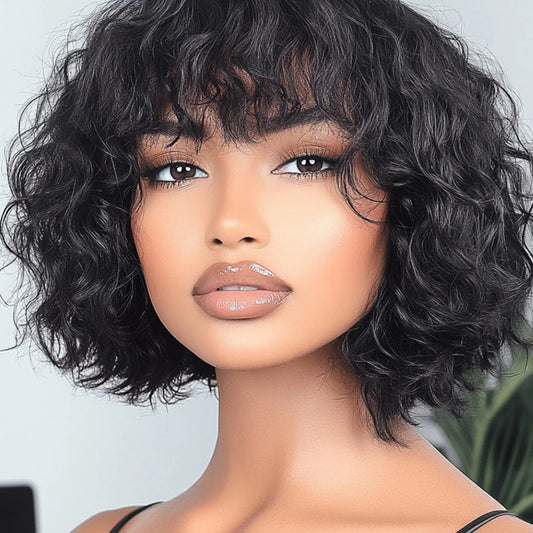 Short Water Wave Curly Bob Human Hair Wig 10in – Glueless Brazilian Remy Wig | Brown, Black, Red & - view 2