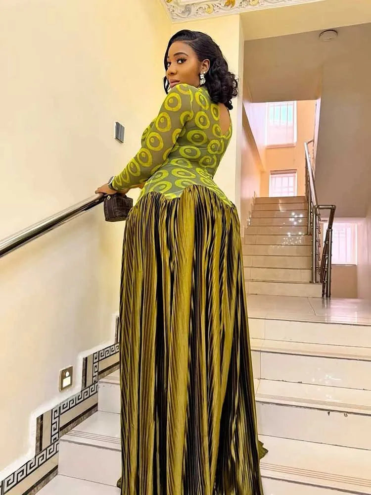 Print O-Neck Full-Length Sleeve Regular Fit A-Line Midi Dress – Natural Waist, Medium Stretch, Spring/Summer Luxegan