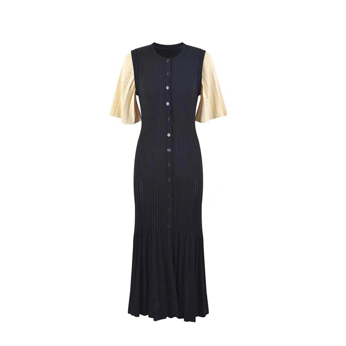 Knit Button Midi Mermaid Dress – Solid Color, Slim Fit Luxegan