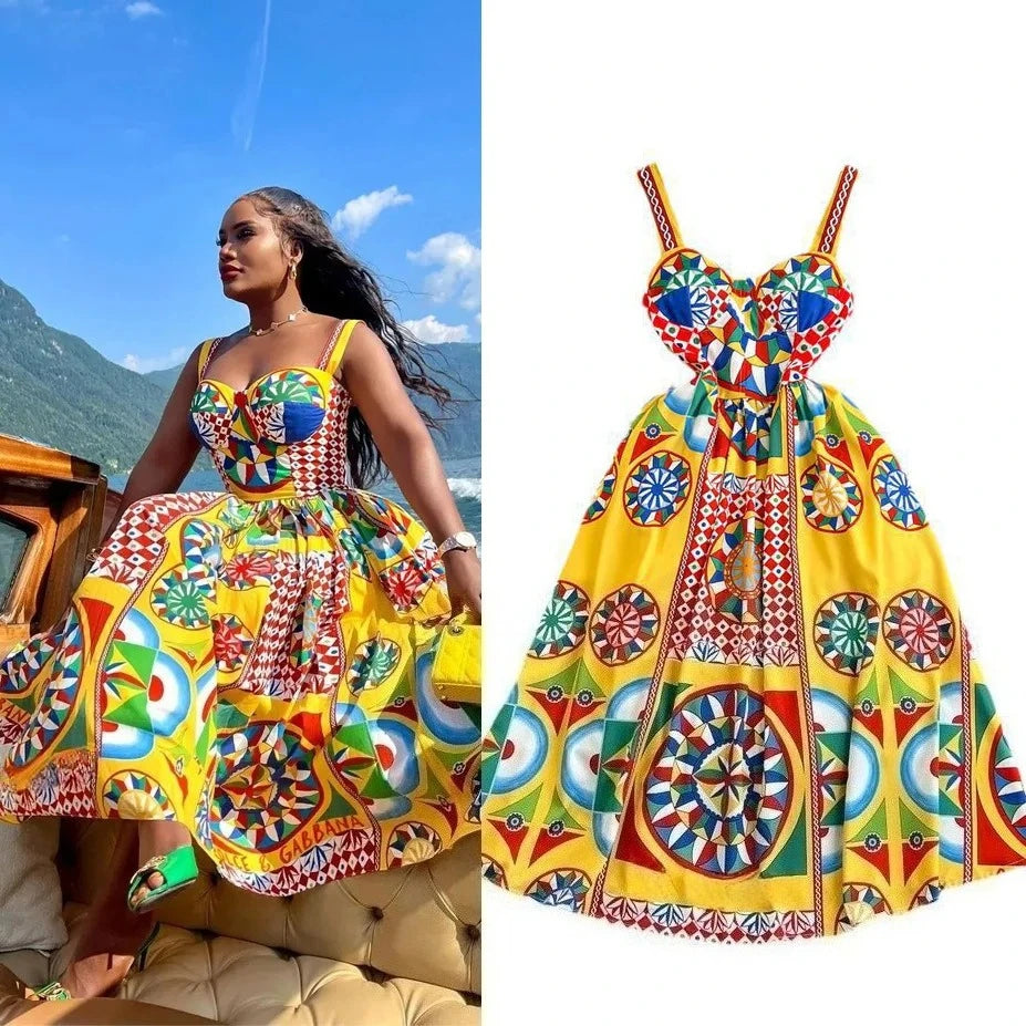 Printed V-Neck Sleeveless A-Line Midi Dress – Regular Fit, Summer Luxegan