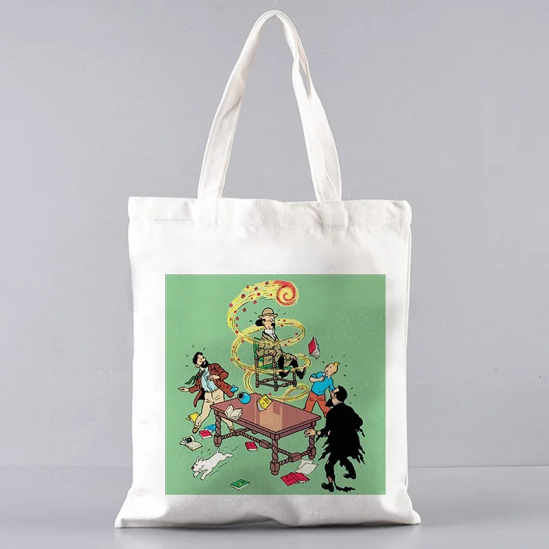 Soft Tintin Cartoon Canvas Large Capacity Tote | Open-Top Shopping Bag Luxegan