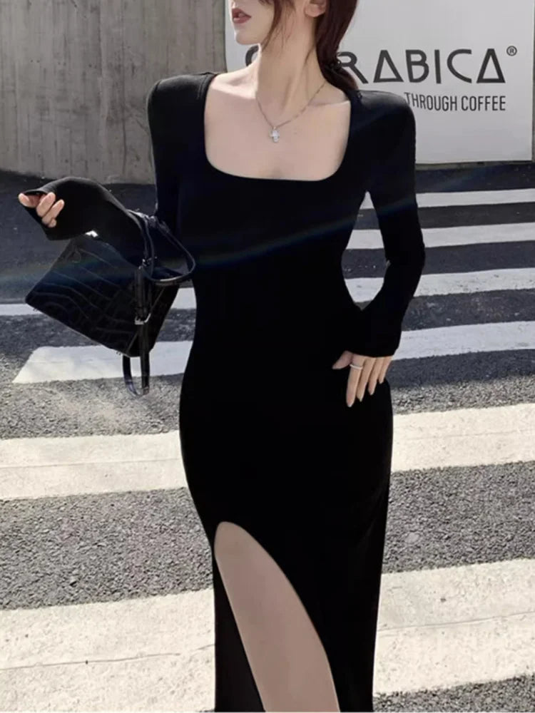 Side Slit Knit Bodycon Midi Dress | Square Neck Long Sleeve Wrap Hip Street Dress Luxegan