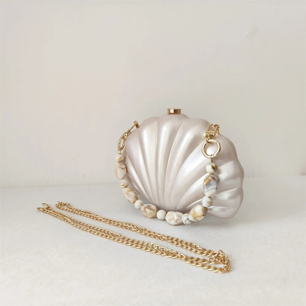 Hard Acrylic Shell Box Clutch | Luxury Stones & Chain Wedding Bridal Handbag Luxegan