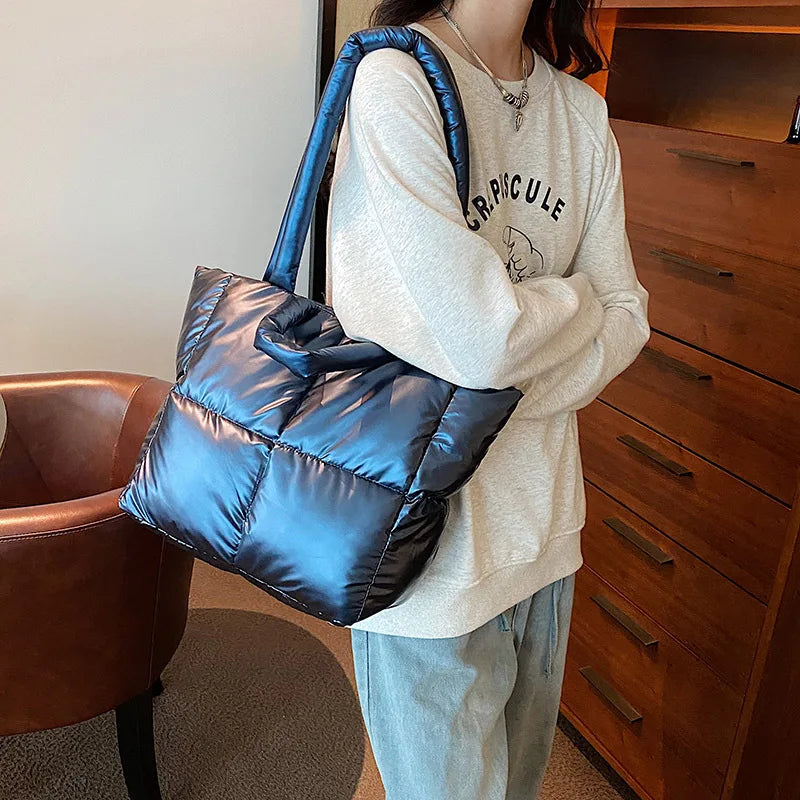 Designer Puffy Shoulder Bag Women Quilted Space Down Feather Padded Cotton Handbag | Winter Large Capacity Warm Shopping Purse Luxegan
