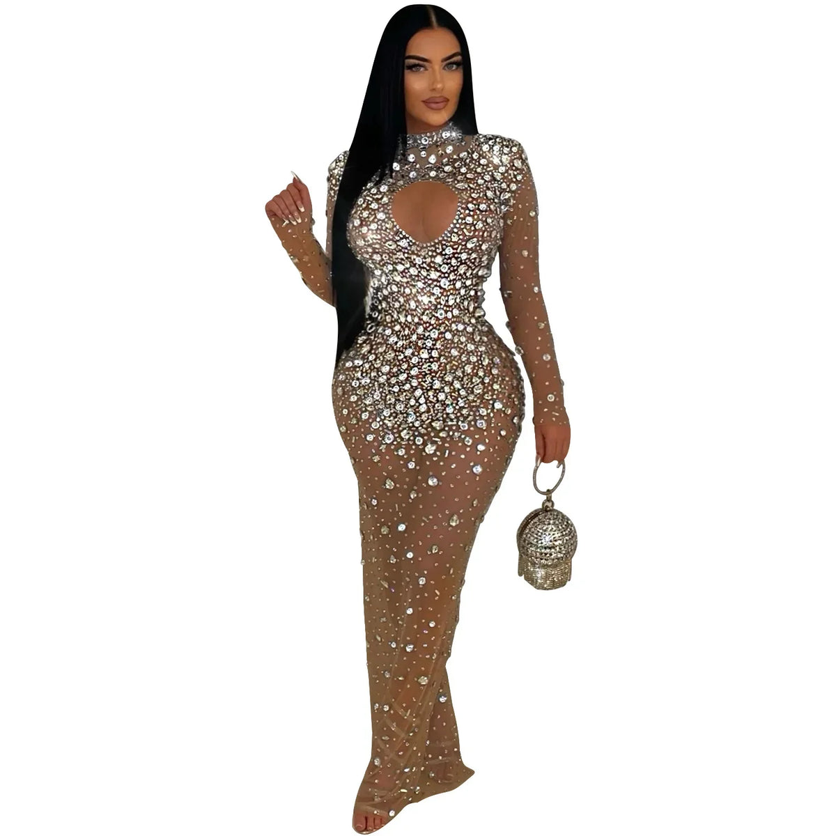 Solid Round Neck Long Sleeve Diamanté Embellished Slim Fit Straight Floor-Length Mesh Dress – Empire Waist, Spring/Summer Luxegan