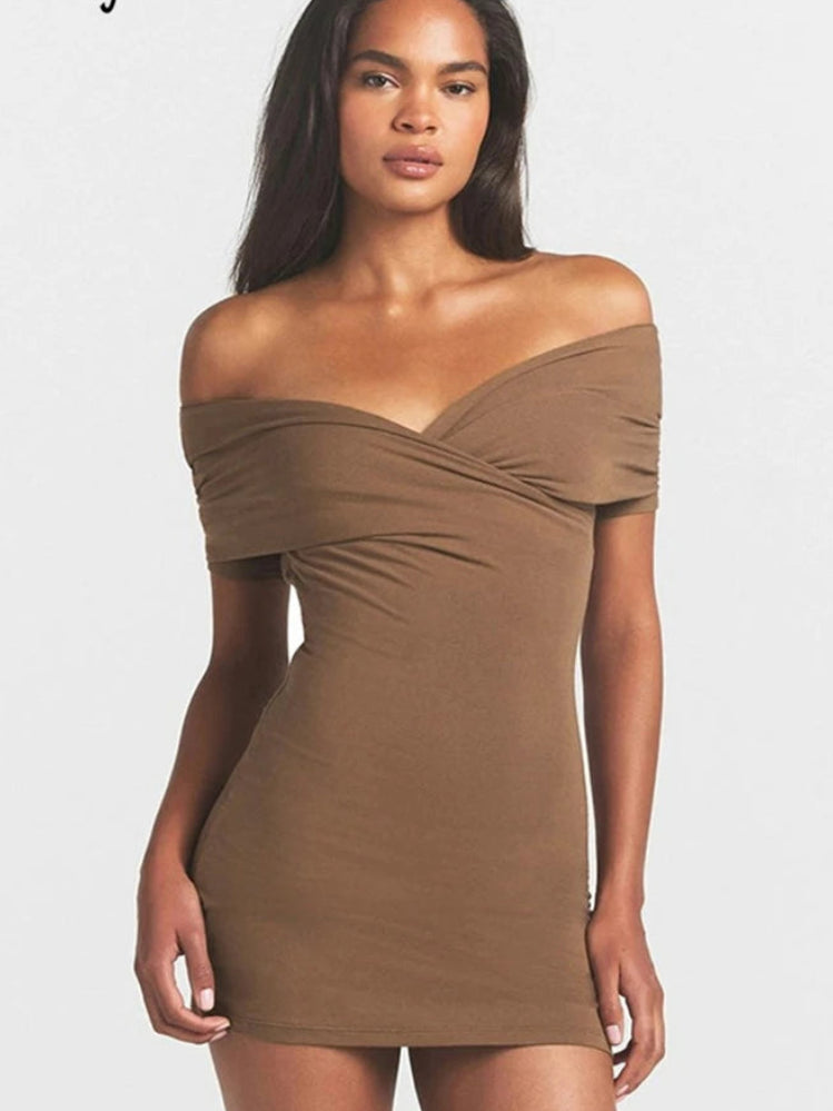 Solid V-Neck Short Sleeve Slim Sheath Mini Dress – Knit Polyester, Empire Waist, Summer Luxegan