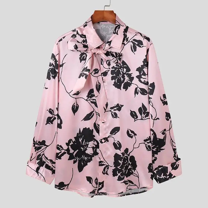 Men’s Satin Printing Lapel Shirt | Sophisticated "Lace-Up" Long Sleeve Silhouette | Elegant Autumn Streetwear Camisas | "Dignified" High-Performance Fashion Clothing for Radiant Versatile Styling Luxegan