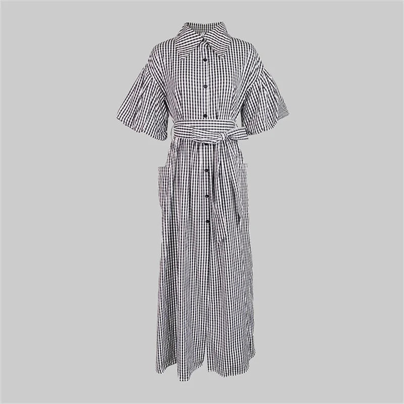 New Fashion Plaid Lapel Shirt Dress for Women | Ruffle Flare Sleeve Buttoned Pocket Maxi Gown | Elegant High-Waist Front-Slit Office Lady Dress | Model 178717 Half Sleeve Floor-Length A-Line Dress Luxegan