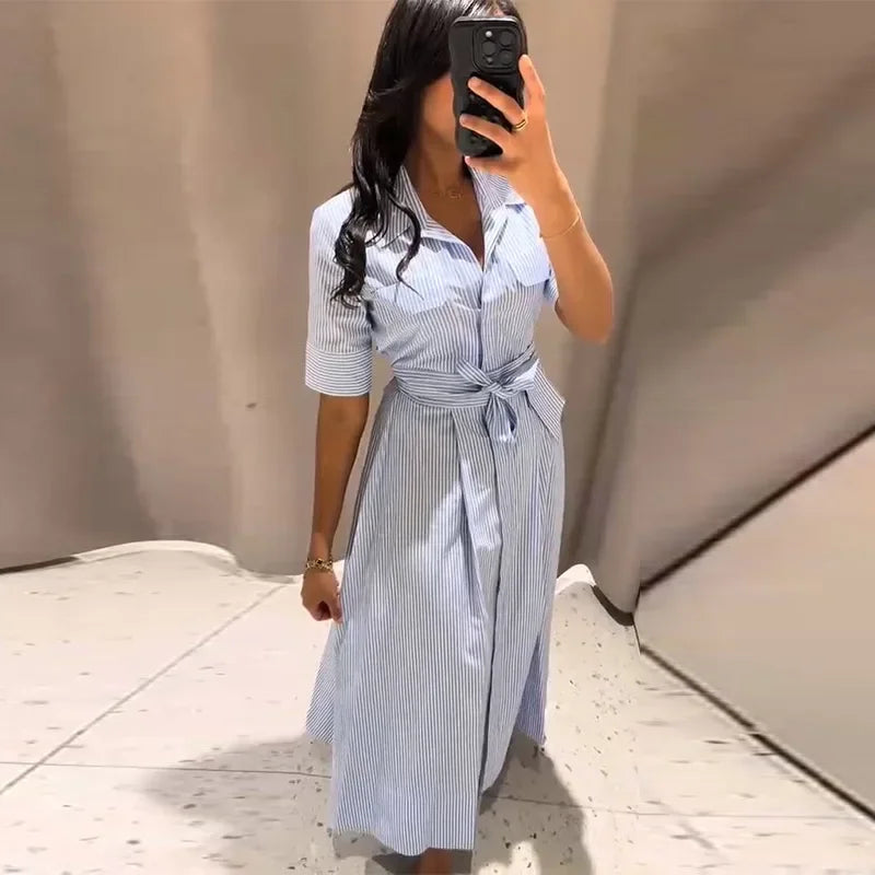 Striped Turn-Down Collar Short Sleeve Button Single-Breasted Regular Fit A-Line Ankle-Length Dress – Natural Waist, Summer Luxegan