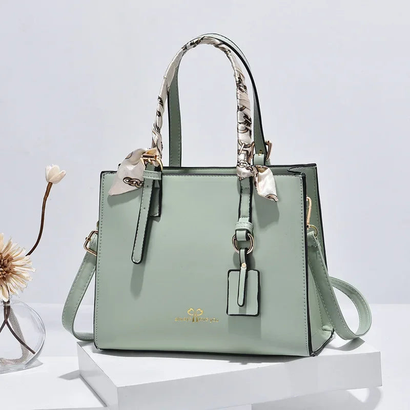 New Elegant Ladies’ Shoulder Messenger Bag | Sophisticated Simple PU Leather Square Bag | Fashion-Forward Large Capacity Handbag with Silk Scarf Decoration | Professional High-Street Casual Tote Luxegan