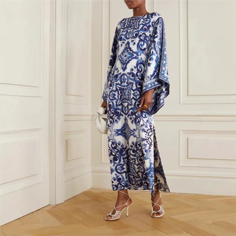 Blue & White Porcelain Print Midi Dress – Slash Neck, 3/4 Sleeve, Side Split Luxegan