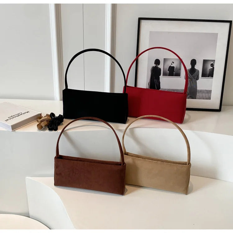 Faux Suede Solid Square Bag | Elegant French Vintage Underarm Handbag Luxegan