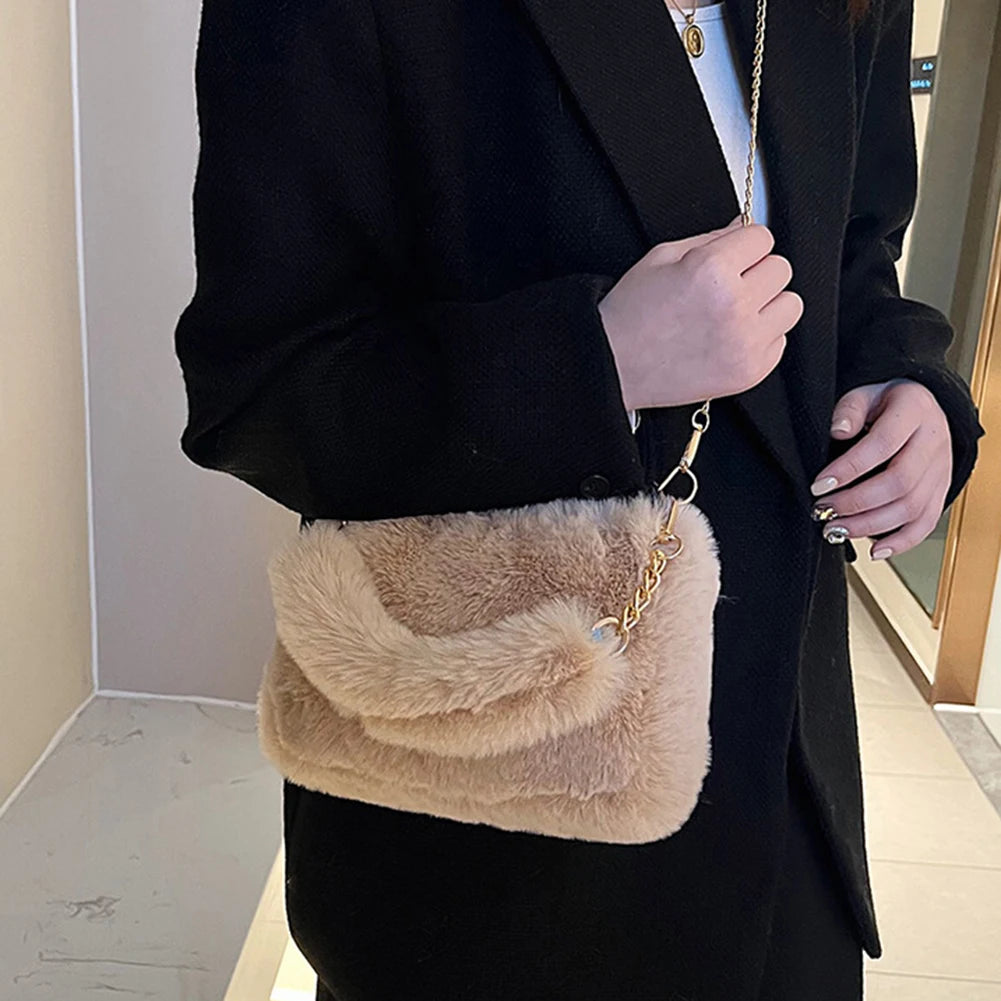 Fuzzy Plush Top Handle Bag | Soft Faux Fur Chain Crossbody Luxegan
