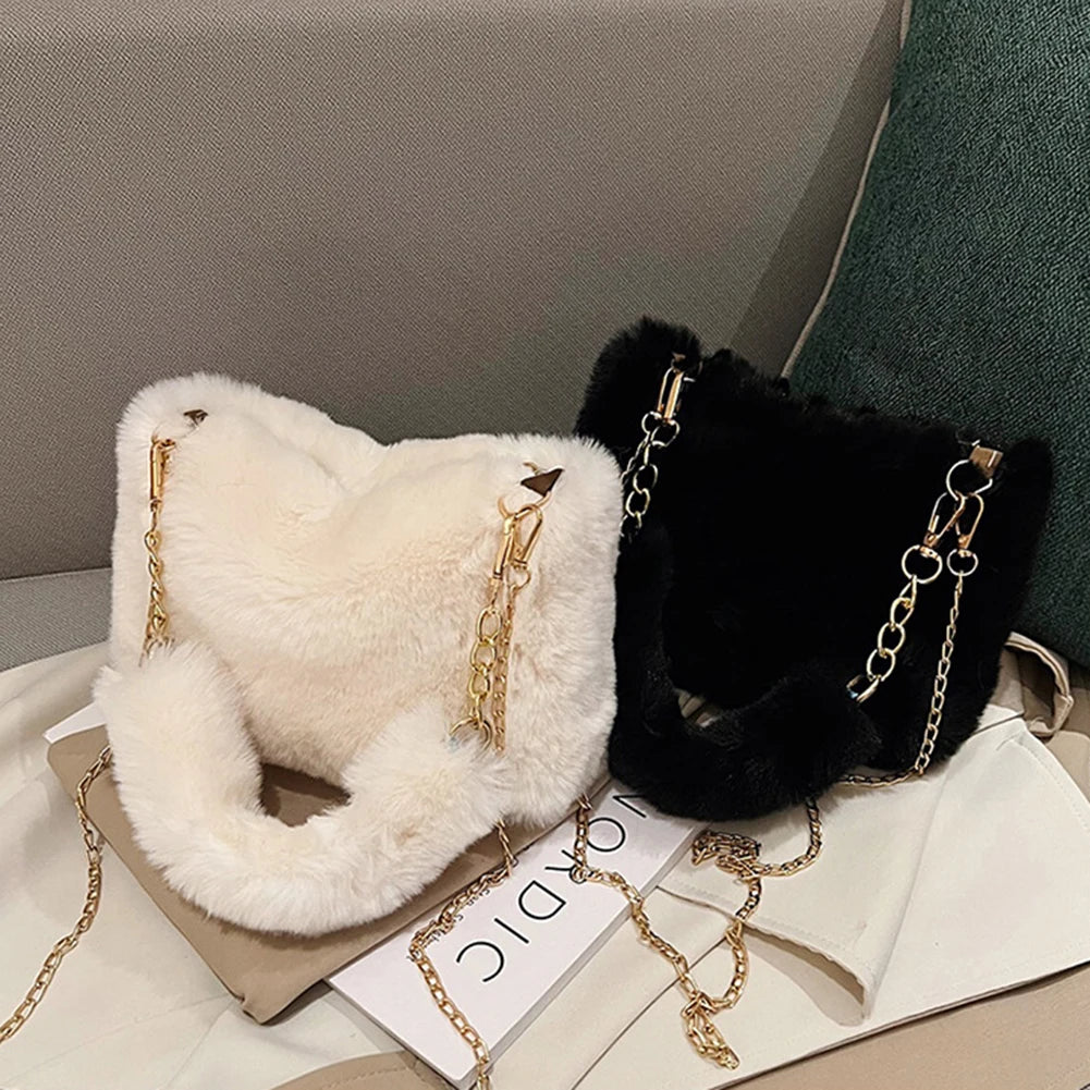 Fuzzy Plush Top Handle Bag | Soft Faux Fur Chain Crossbody Luxegan