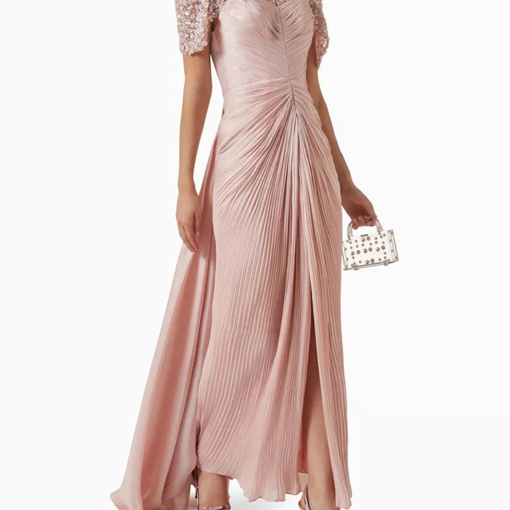 Sequined Stole Straight Evening Dress | V-Neck Sleeveless Floor-Length Draped Gown Luxegan