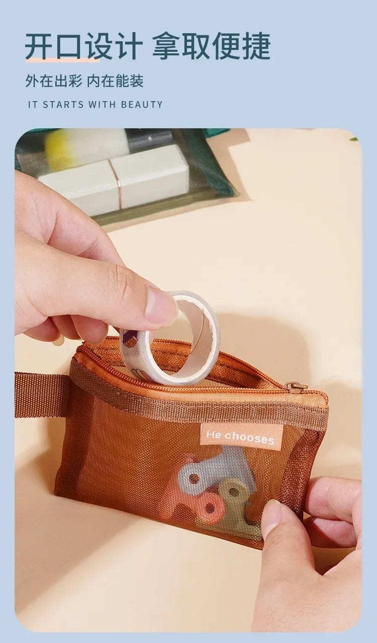 Pequeño Bolso Cuadrado de Color Sólido para Monedas, Organizador de Nylon de Malla para Pintalabios, Llaves, Auriculares, Tarjetero de Bus, Banco, Identificación, Tarjetas de Crédito, Estuche de Almacenamiento