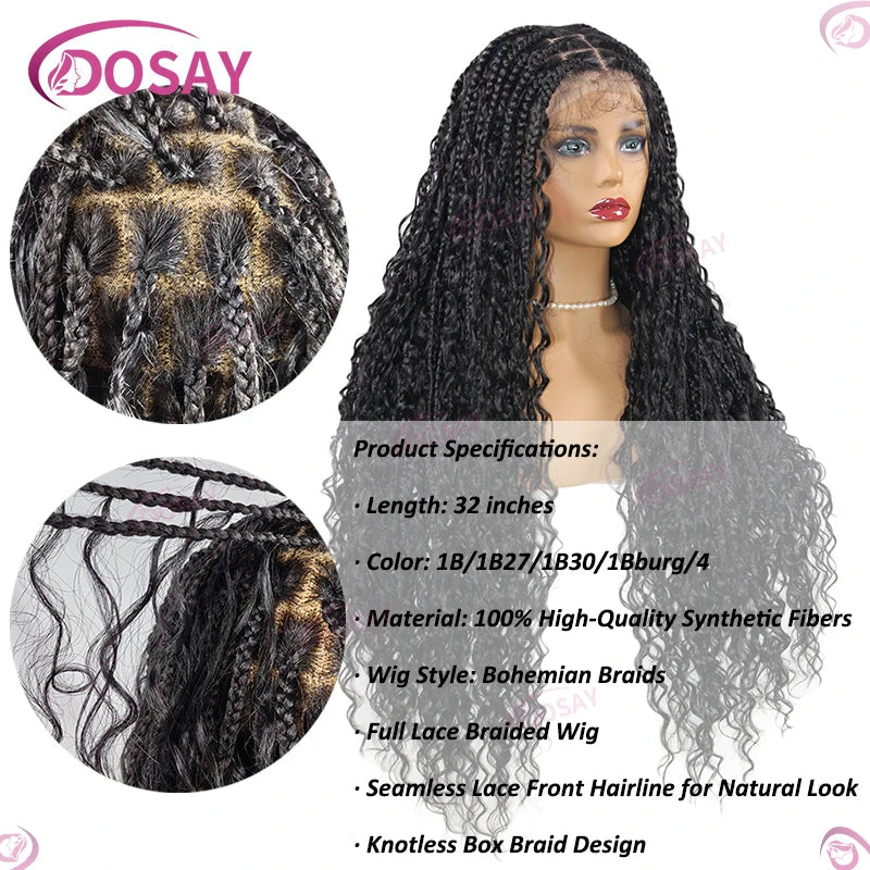 Boho Box Braided Wigs Synthetic Curly Wig Full Lace Front Wigs For Women 32" Goddess Braids Wig African Bohemian Braiding Hair Luxegan