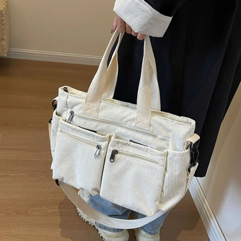 Female Large Capacity Corduroy Tote Bag | New Korean Style Fashion Women's Shoulder Crossbody Bag (Worker Commuter Handlebag)