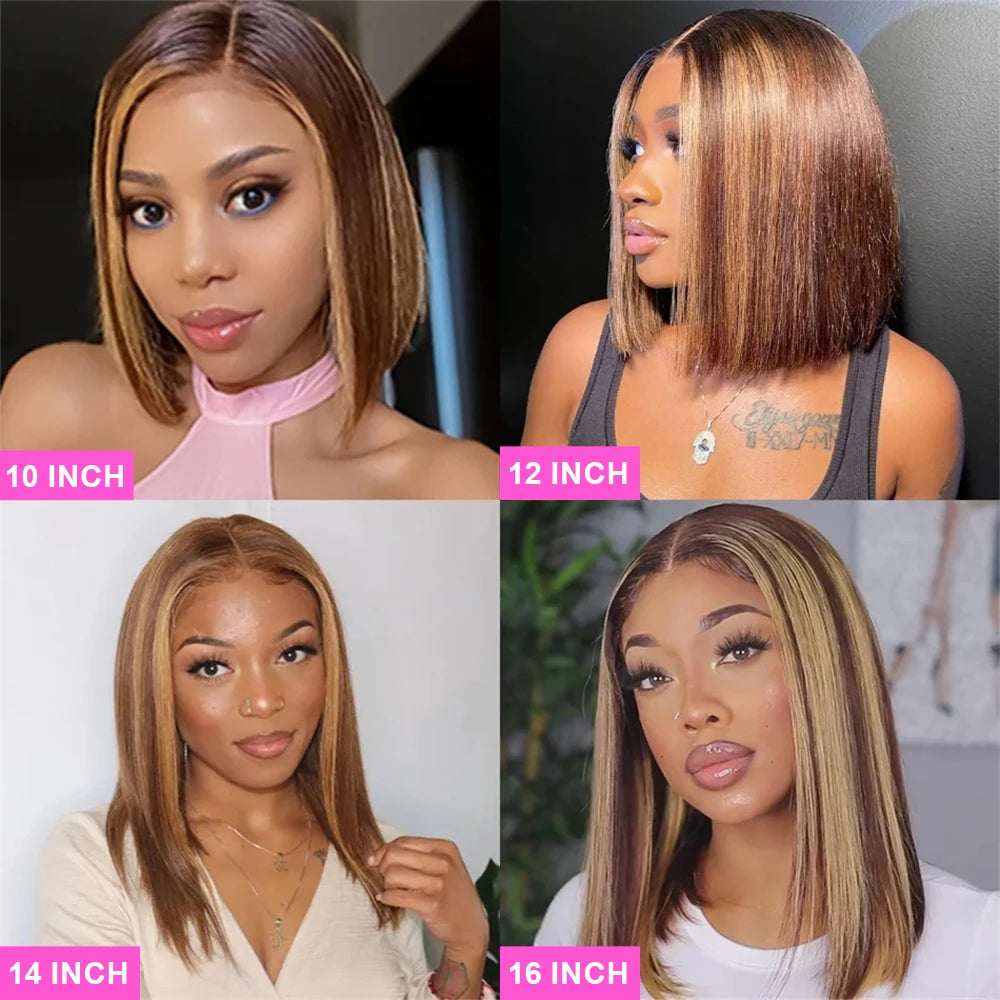 Highlight P4/27 Straight Short Bob Wig - 13x4 HD Lace Frontal & 7x5 / 5x5 Wear-and-Go Glueless Human Hair Wig - Pre-Cut Ready-to-Wear Peruvian Remy Hair Bob Wig for Women (4-16 Inch) Luxegan
