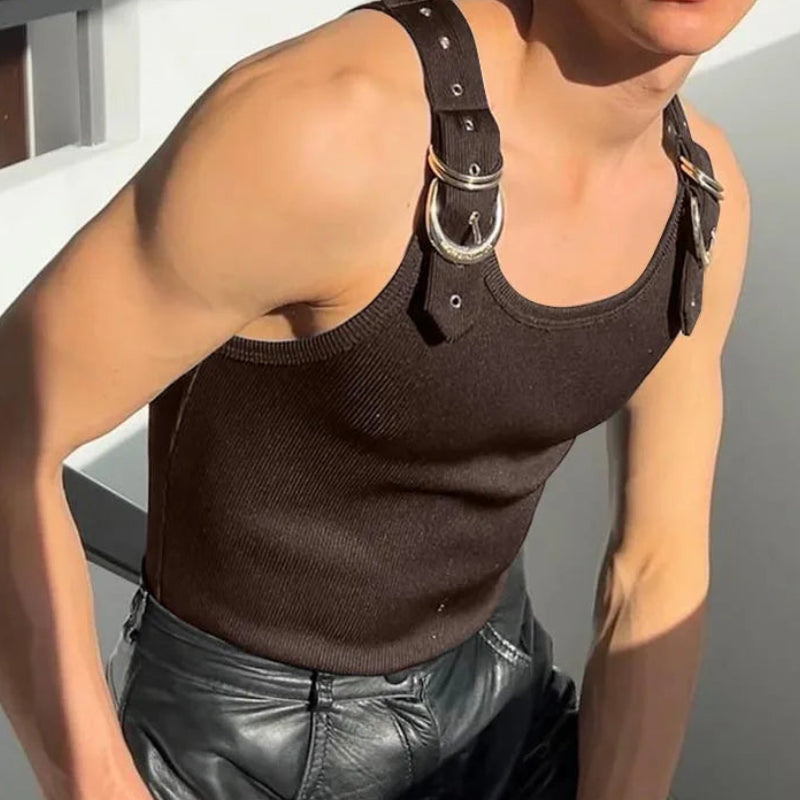 Fashion New Men's Deconstruction Mesh Vest | Sophisticated "City Walk" Metal Buckle Silhouette | Elegant Solid Comfortable Tank Top | "Dignified" High-Performance Summer Top for Radiant Versatile Styling Luxegan