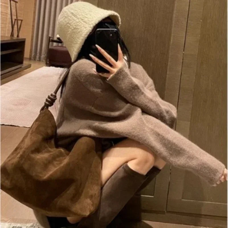 All-Match Chamois Matte Suede Cowhide Leather Tote | Large Capacity Designer Maillard Dressing Coffee Winter Ladies Handbag Luxegan