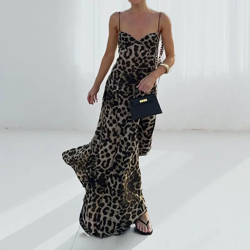 Summer Vintage Leopard Print Spaghetti Strap Dress | Sexy Backless Sleeveless High-Waist Maxi Robe | Premium Empire Waist Slim Fit Mid-Calf Camisole | Elegant A-Line Polyester Synthetic Fiber Dress Luxegan