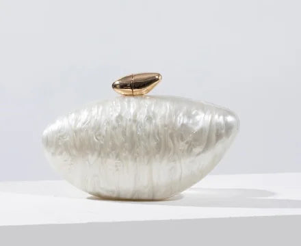 Hard Acrylic Marble Box Clutch | Pearl Chain Evening & Bridal Handbag