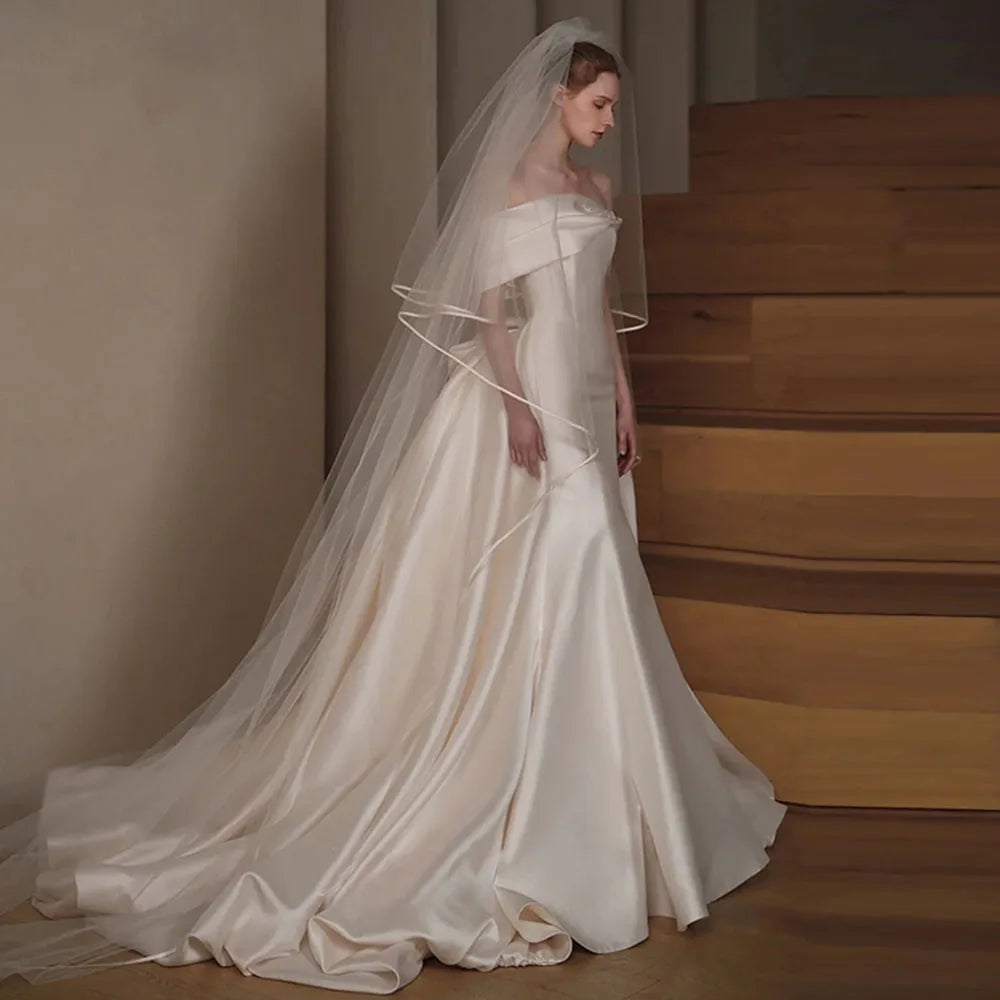 Off-The-Shoulder Satin Mermaid Wedding Dress | 2-Piece Detachable Court Train Bridal Gown | Short-Sleeve Sweetheart Beaded Bow Luxury Dress Luxegan