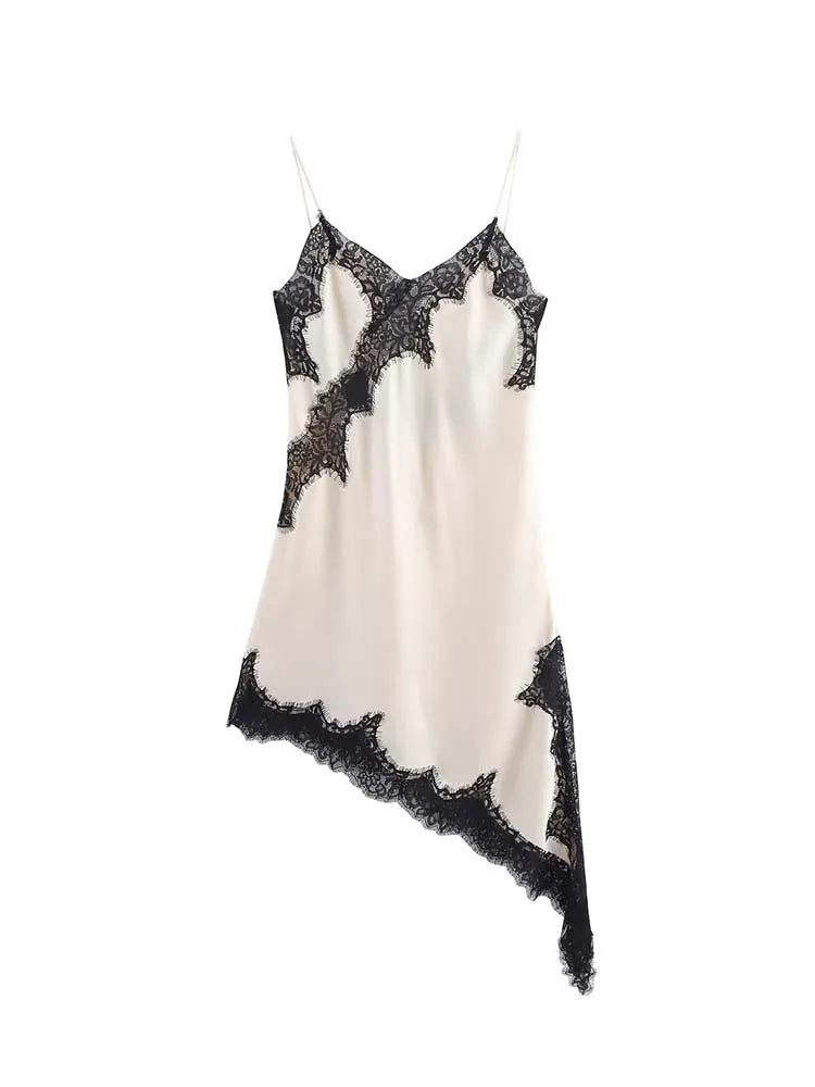 Elegant Lace Halter Maxi Dress | Sexy V-Neck Asymmetric Hem Holiday Gown | Summer New Patchwork Party Beach Dress | Premium Non-Woven Regular Fit A-Line Luxegan